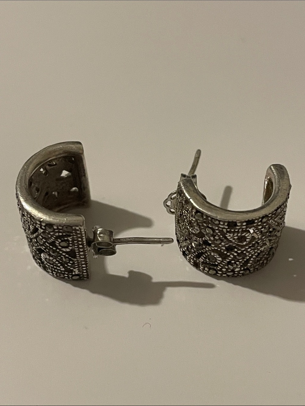 Sterling Silver Filigree Half-Hoop Earrings - Silver